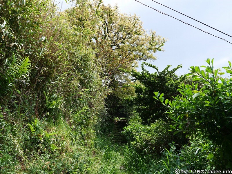 横道の奥に構造物が見える